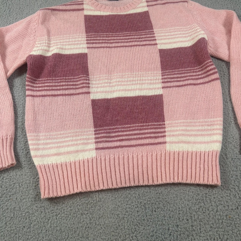 Vintage Mi Ki Sweater Womens 44 Pink Plaid Wool Blend Crewneck Knit Pullover - Picture 12 of 15